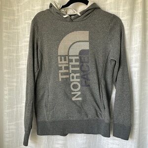 North Face Women Grey Hoodie Hooded Pullover Sweatshirt Logo Front Sz M